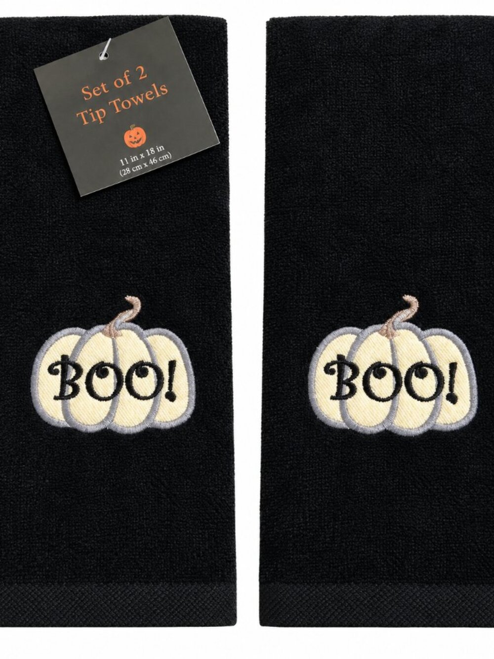 Halloween Fingertip Towels Boo Pumpkin Black Guest Applique Embroidered Set of 2
